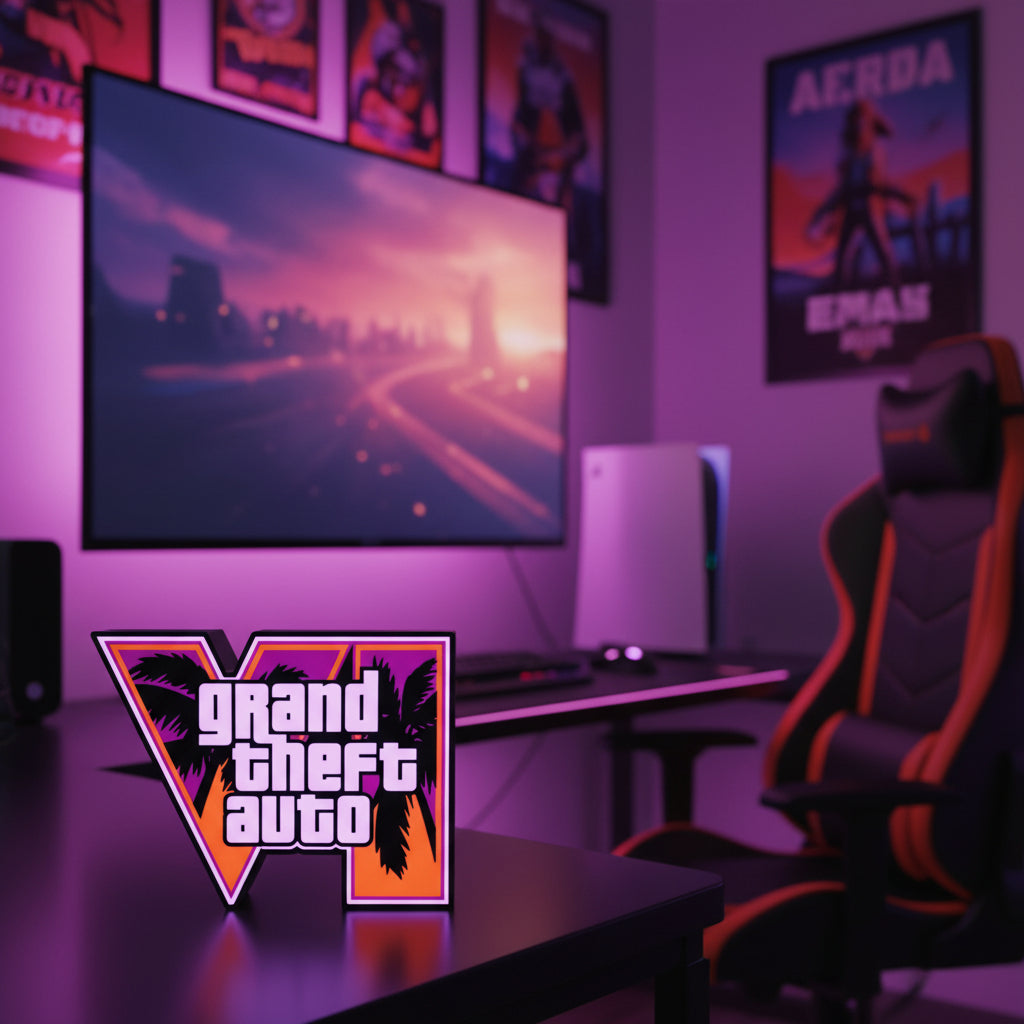 A 3D-printed LED lightbox with multicolor design, featuring the text 'GRAND THEFT AUTO' with a neon Miami-style color palette.