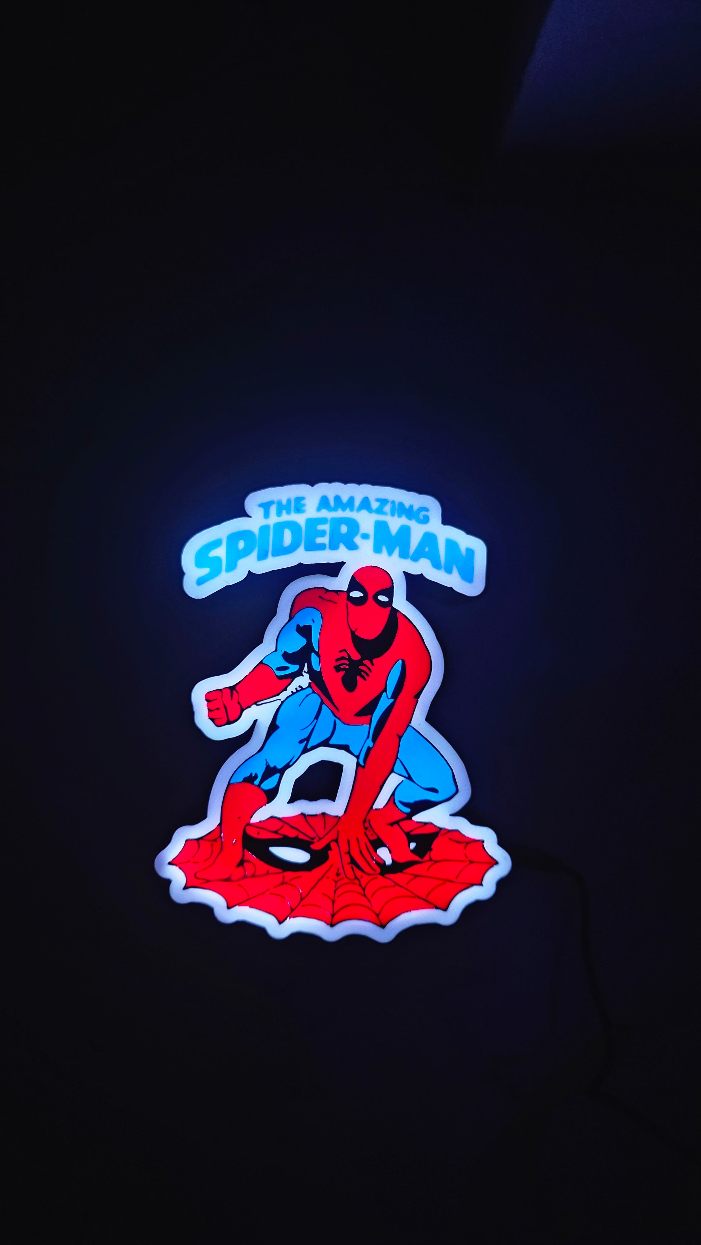 RGB LED Spider-Man Lightbox glowing in the dark with retro comic design