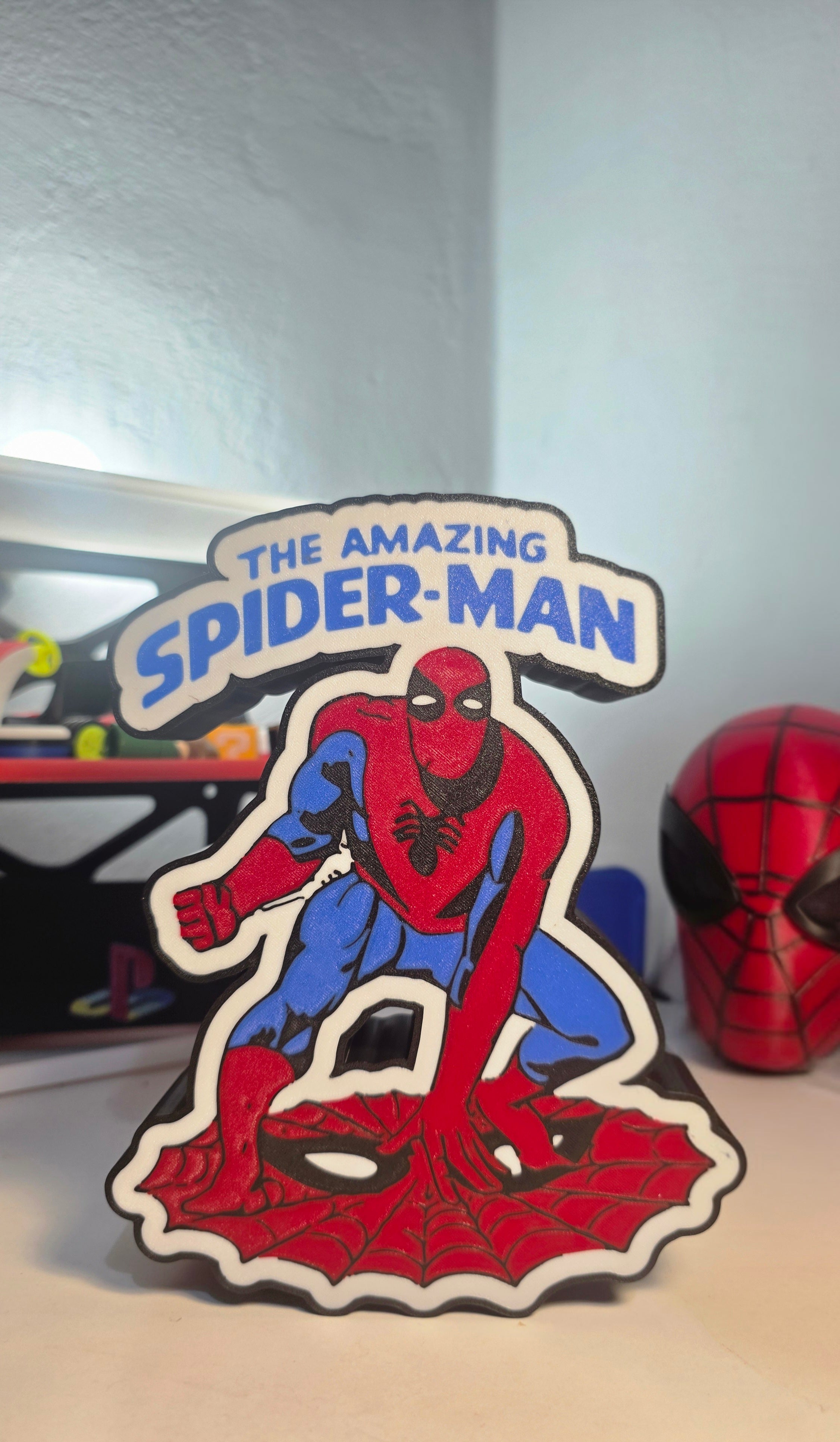 Close-up of The Amazing Spider-Man Lightbox – Retro comic book style decor piece