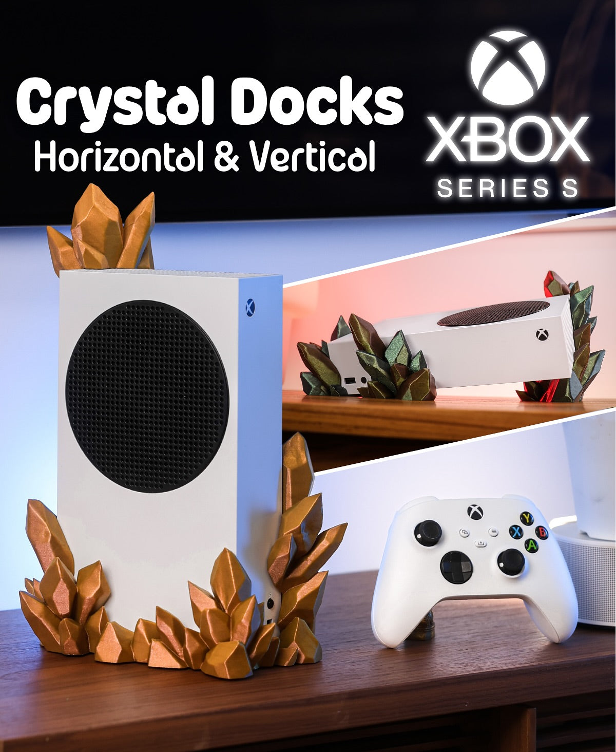 Crystal Dock Stand for Xbox Series S — Vertical & Horizontal Versions