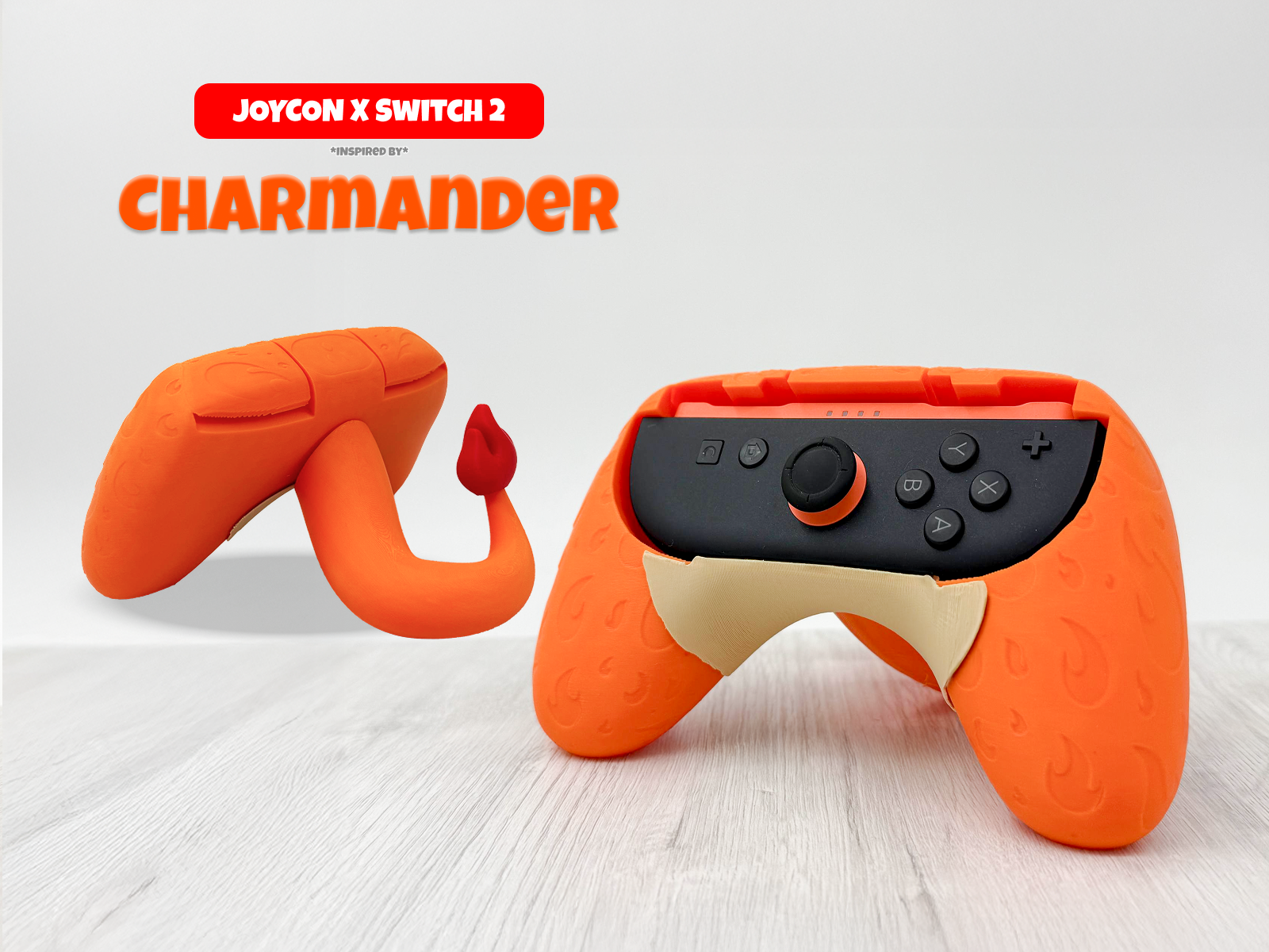 Charmander-inspired orange Joy-Con grip for Nintendo Switch 2 with flame tail design, 3D-printed ergonomic controller holder.