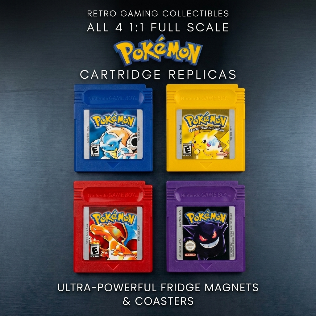 Pokémon Game Boy Cartridge Magnets and Coasters - UV Printed High Def Art - 3D Printed Pikachu Charizard Blastoise Gengar Set of 4