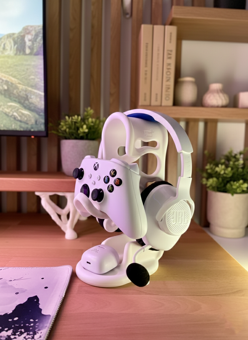 3-in-1 Universal Gaming Station - All-in-One Stand for Xbox/PS5 Controller, Over-Ear Headphones & Earbuds - Ergonomic Desktop Organizer for Pro Gamers