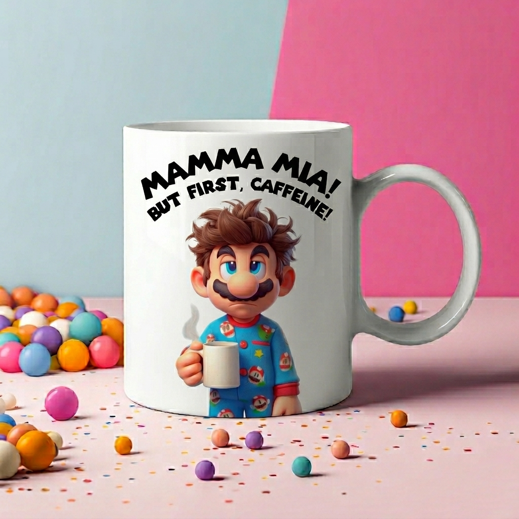 Mamma Mia! But First, Caffeine - Gamer Themed Coffee Mug | Funny Plumber Character Gift