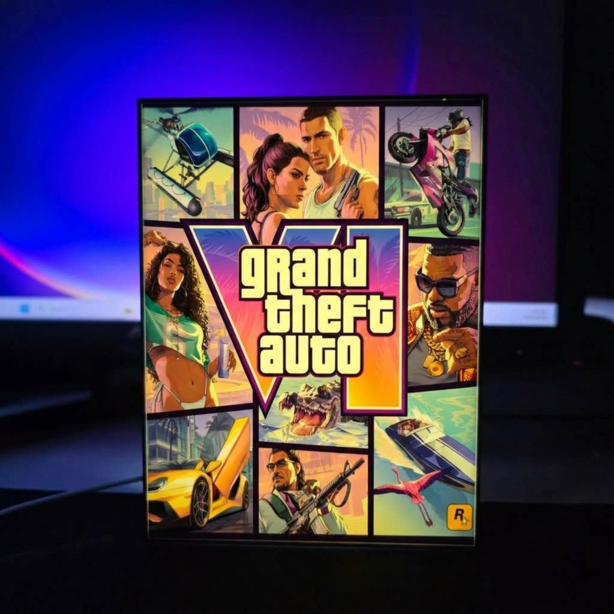 Compact 15x20cm Grand Theft Auto VI USB LED light box on a gaming desk, glowing with GTA 6 cover art.
