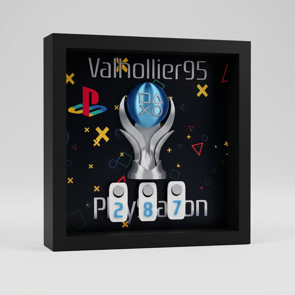 Personalized PlayStation Platinum trophy counter in a black frame with custom PSN name and blue number tags on a light grey background