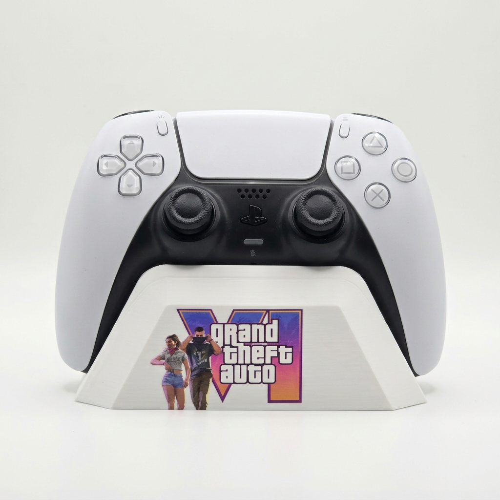 White GTA 6 themed 3D-printed PS5 DualSense controller holder with controller on a light studio background
