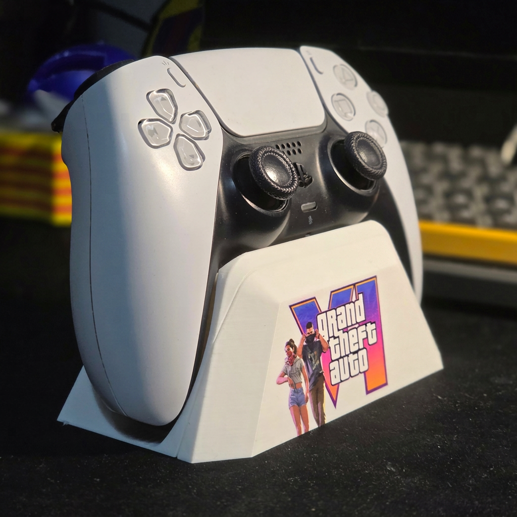 Angled view of white GTA 6 themed PS5 DualSense controller holder on a gaming desk