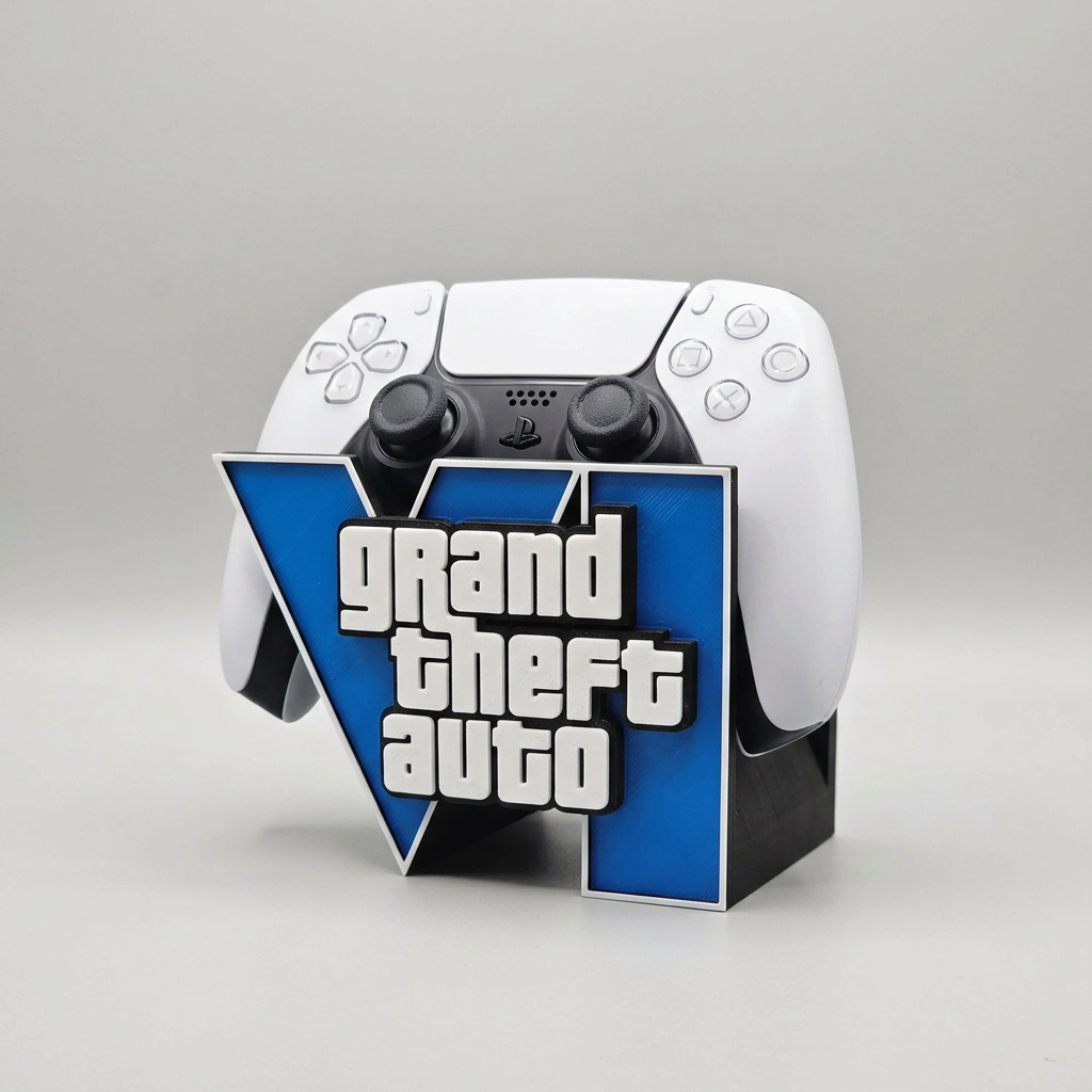 A white and black PlayStation 5 controller displayed upright on a custom blue and black stand featuring the Grand Theft Auto logo.