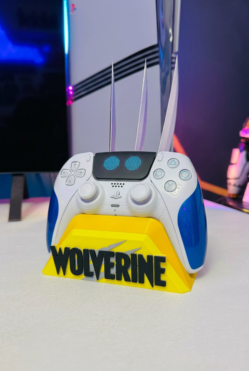 Angled front view of a white and blue DualSense controller on the yellow Wolverine display stand.