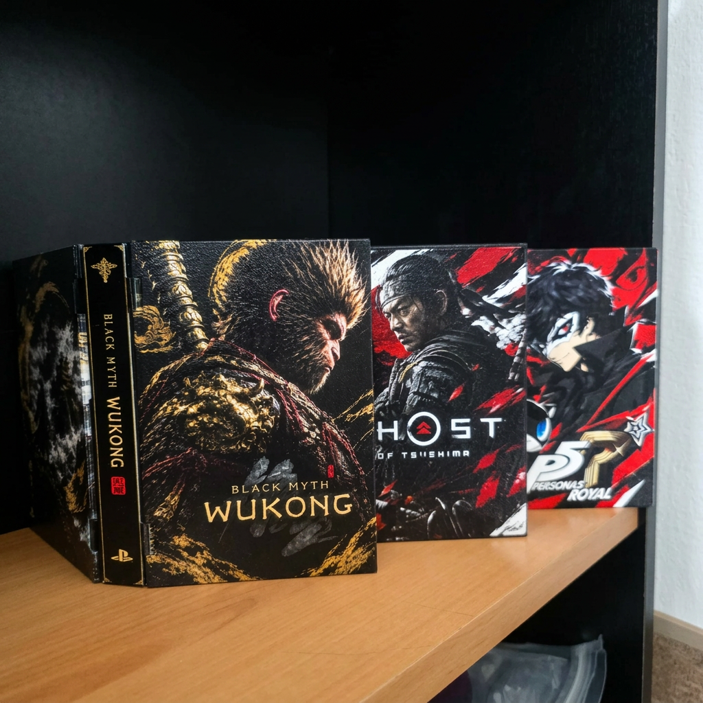 Custom 3D printed game display cases for Black Myth Wukong, Ghost of Tsushima and Persona 5 Royal on a wooden shelf