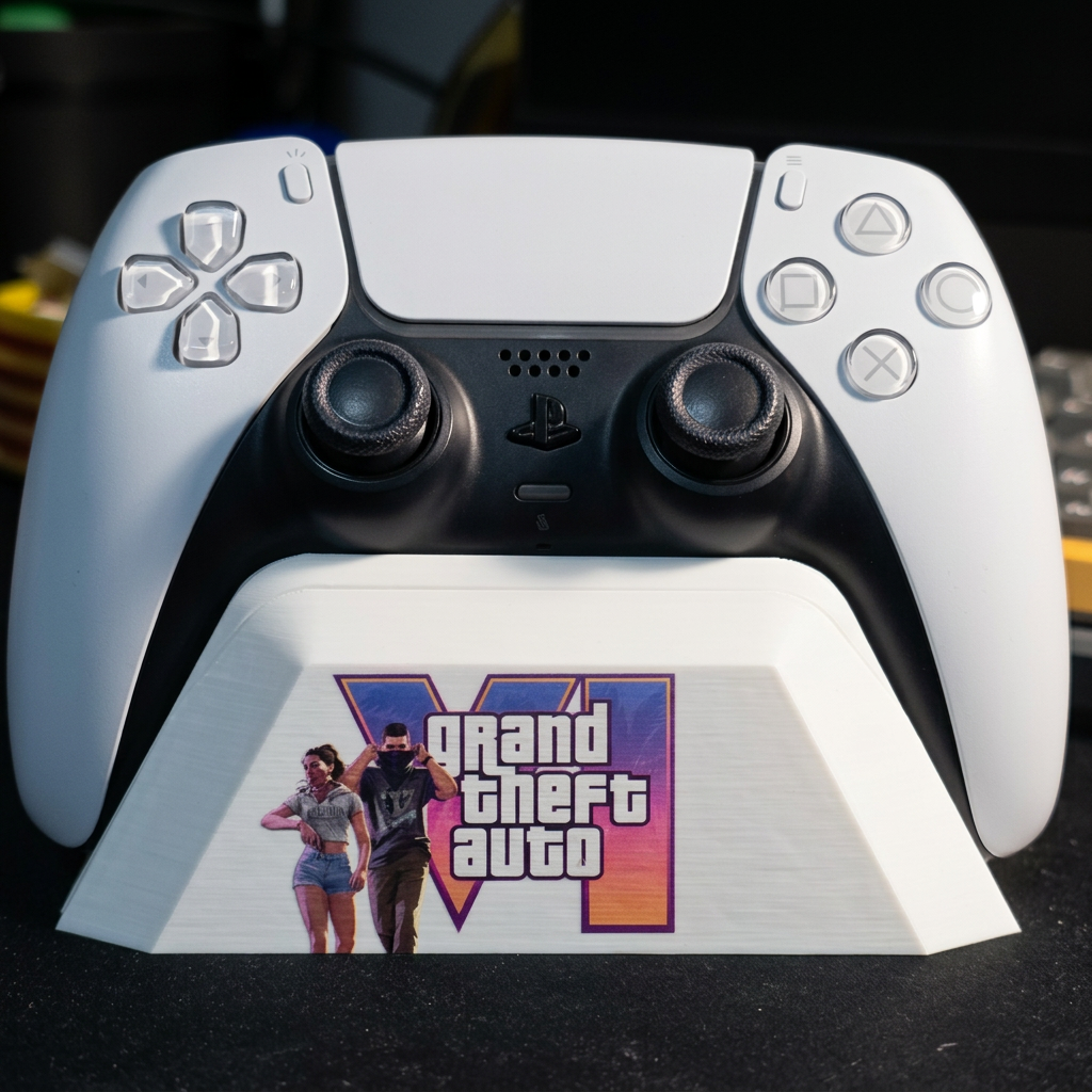 Front close-up of white GTA 6 themed controller stand holding a PS5 DualSense on a dark desk