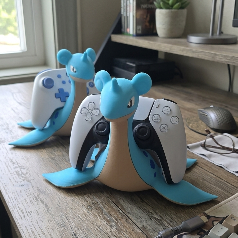 Two 3D-printed turtle-shaped game controller stands holding PlayStation 5 controllers, displayed on a wooden desk in a home office setting.