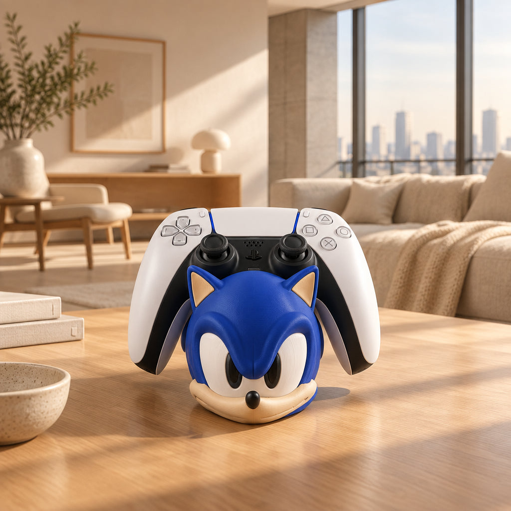 A blue Sonic the Hedgehog head-shaped stand holding a white and black PlayStation 5 controller, set on a wooden tabletop with a blurred indoor background.