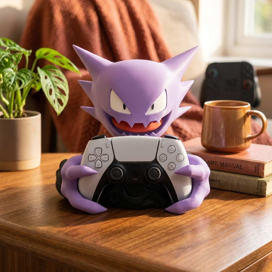 A purple Gengar figurine holding a white and black game controller, styled on a wooden table in a cozy living room setting with a plant, mug, and books.