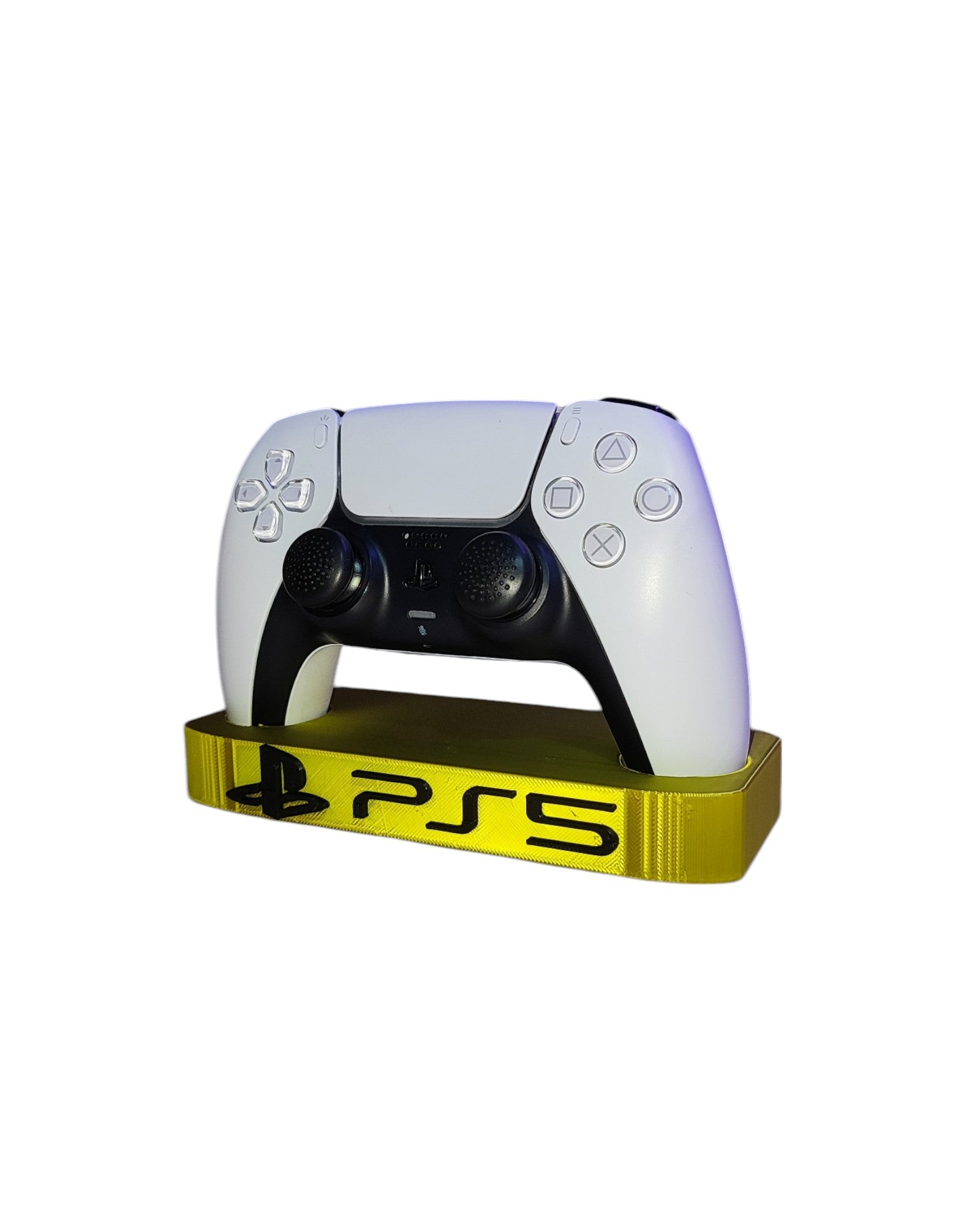 PS5 DualSense controller stand in gold with customizable text, designed to display and hold a PlayStation 5 controller.