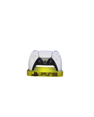 PS5 DualSense controller stand in gold with customizable text, designed to display and hold a PlayStation 5 controller.