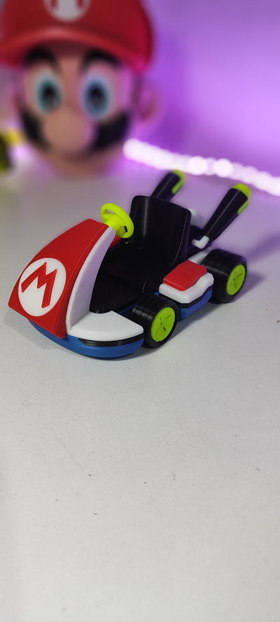 High-quality 3D-printed Mario Kart 8 model with vivid red, white, and blue colors, inspired by the iconic Nintendo game