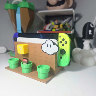 Side view of the Super Mario Nintendo Switch dock, highlighting the 12-game cartridge slots and compatibility with both Switch and Switch OLED consoles