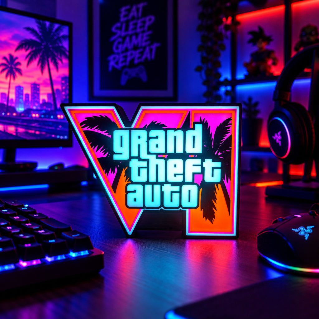 A multicolor LED lightbox with the Grand Theft Auto VI logo displayed, set against a dimly lit background.