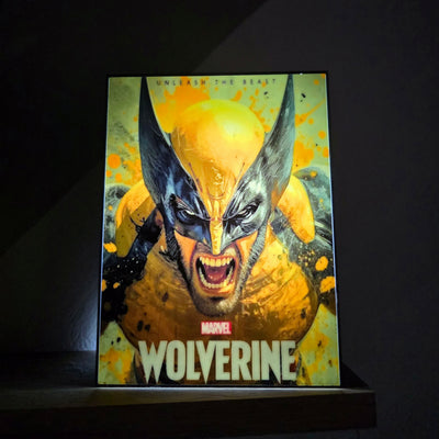A Marvel Wolverine poster illuminated from within, casting a warm glow, displayed on a dark shelf against a dark background.