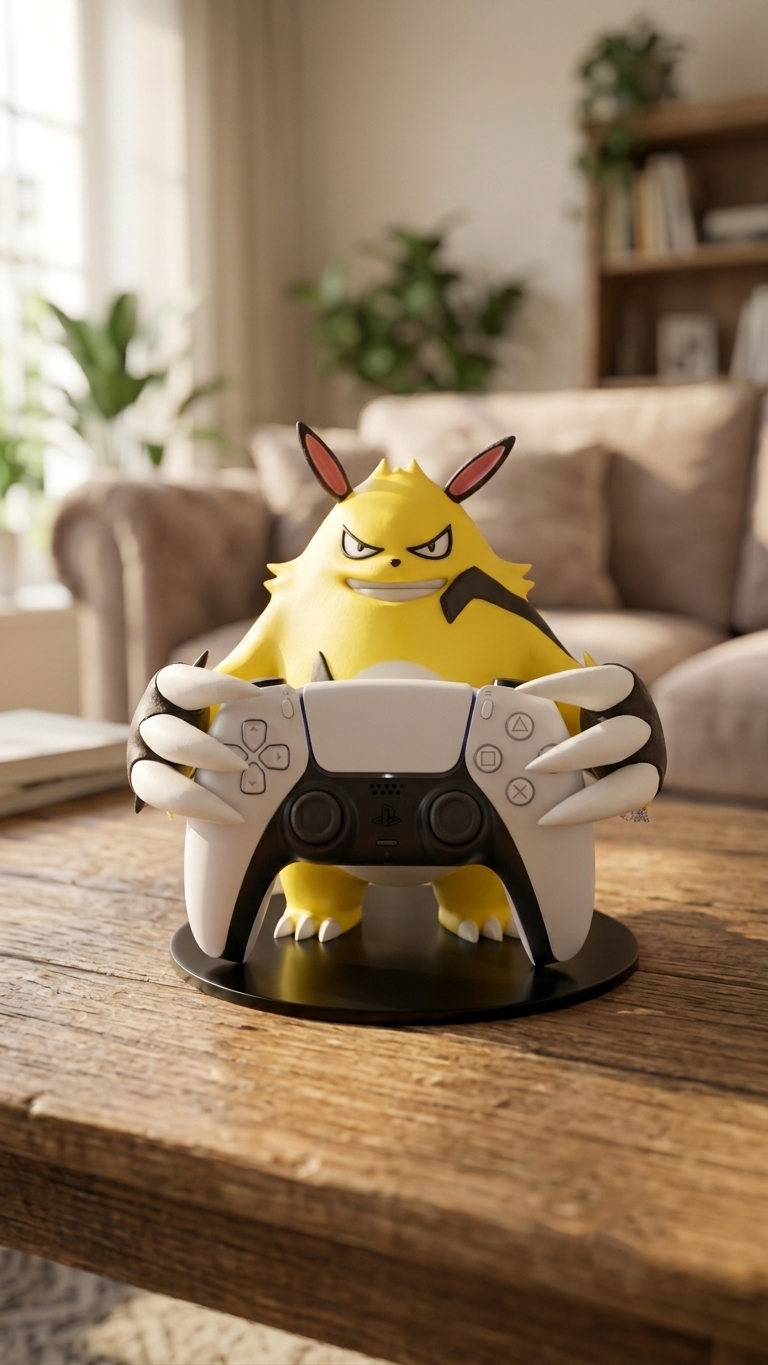 Grizzbolt controller stand holding a white PS5 controller on a wooden table in a living room