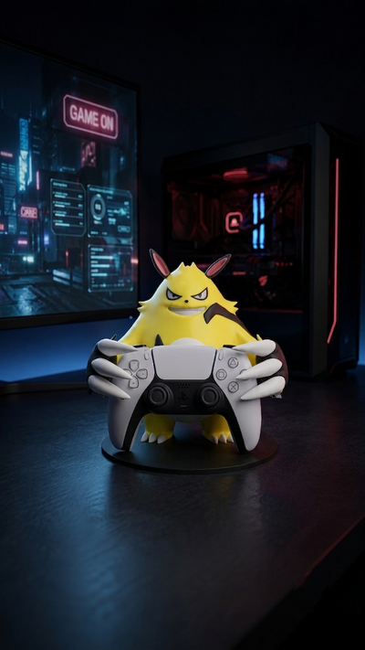 Grizzbolt controller stand holding a white PS5 controller on a dark gaming desk setup