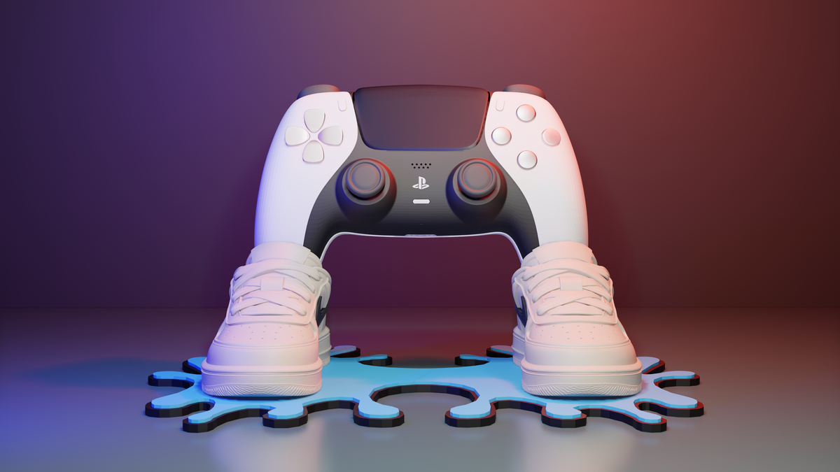 3DPrintingLabDesigns sneaker-inspired white PS5 controller stand on a blue splash base for gaming desk decor