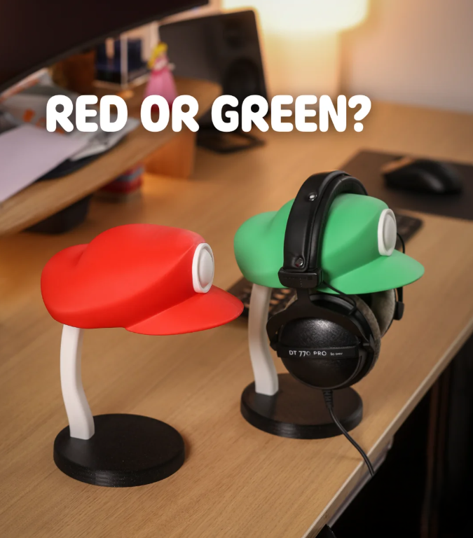 Iconic Plumber Hat Headphone Stand | Retro Video Game Desk Decor | Premium Custom Headset Holder | Unique Gamer Gift Idea - Red or Green