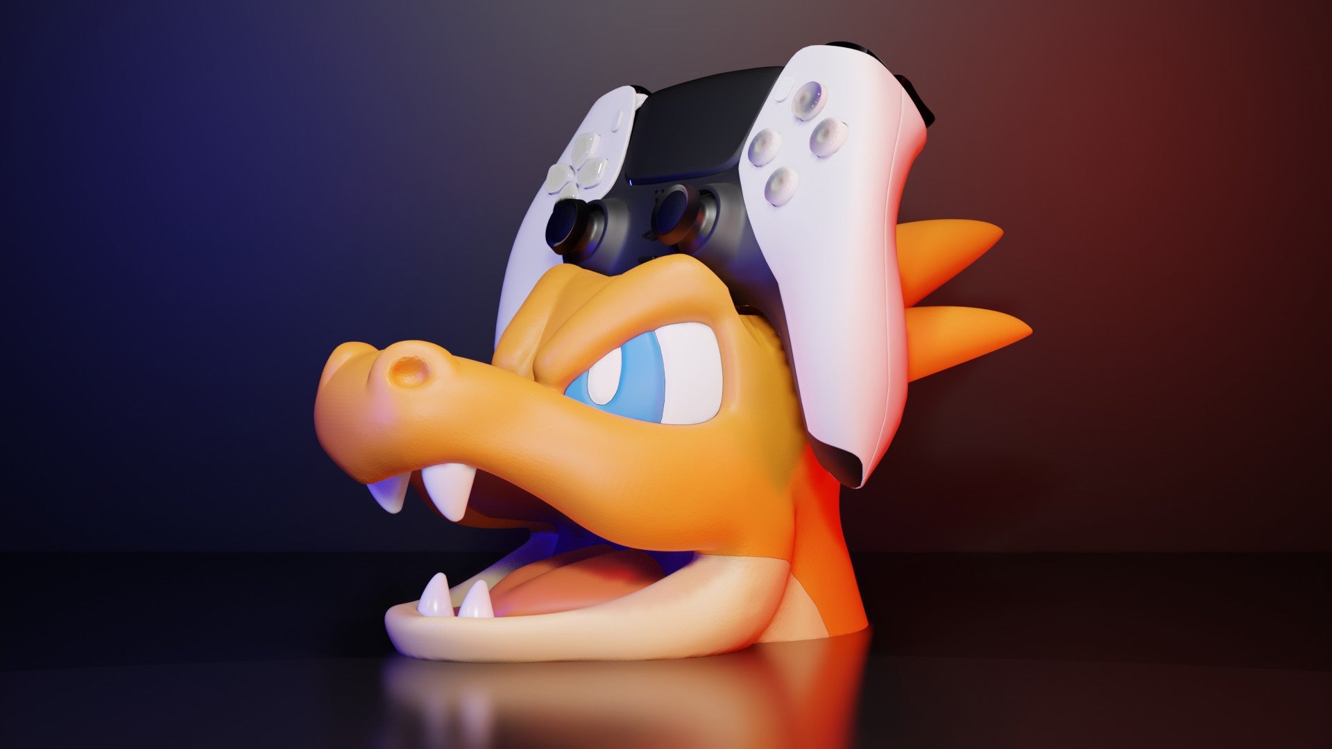 3D printed Charizard head holding a white PS5 DualSense controller on a gaming desk.