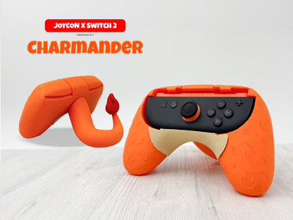 Charmander-inspired orange Joy-Con grip for Nintendo Switch 2 with flame tail design, 3D-printed ergonomic controller holder.