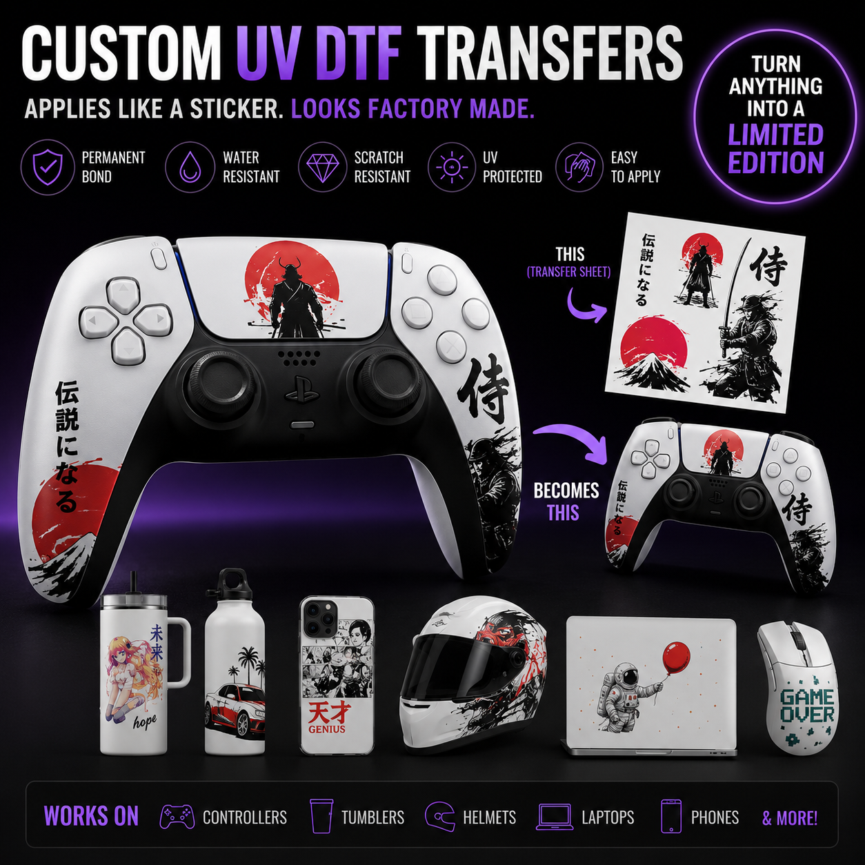 Custom UV DTF Stickers & Gang Sheets, Waterproof Permanent Transfers for Tumblers, Cups, Glass Cans, Controllers and More