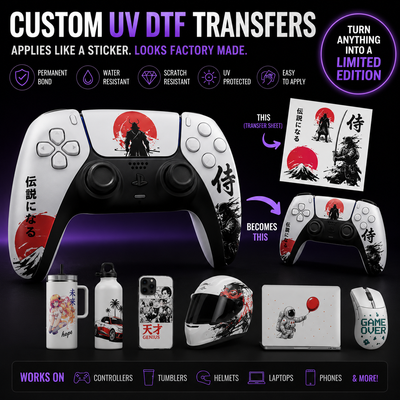 Custom UV DTF Stickers & Gang Sheets, Waterproof Permanent Transfers for Tumblers, Cups, Glass Cans, Controllers and More