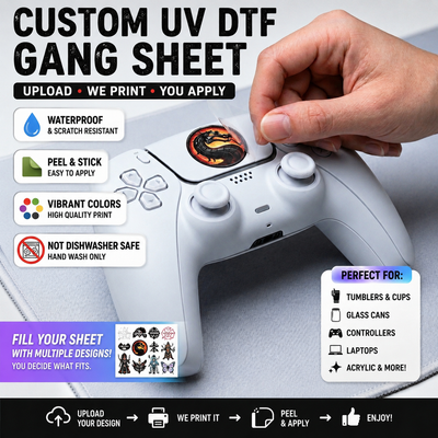 Custom UV DTF Stickers & Gang Sheets, Waterproof Permanent Transfers for Tumblers, Cups, Glass Cans, Controllers and More