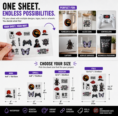 Custom UV DTF Stickers & Gang Sheets, Waterproof Permanent Transfers for Tumblers, Cups, Glass Cans, Controllers and More