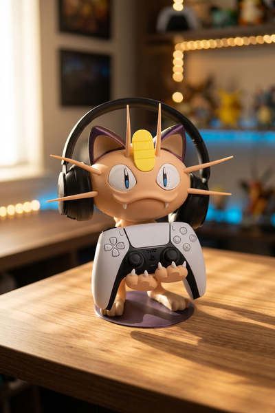 Meowth Controller Holder & Headphone Stand – 3D Printed Gaming Desk Organizer