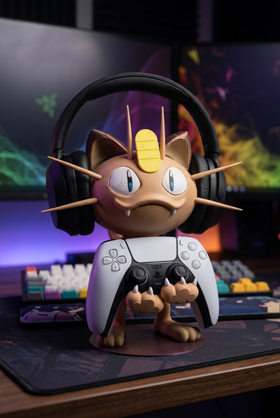 Meowth Controller Holder & Headphone Stand – 3D Printed Gaming Desk Organizer