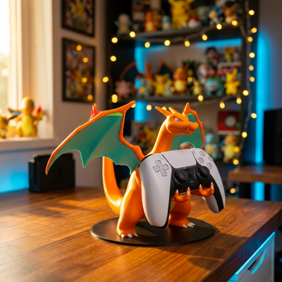3D-printed Charizard figure in a PS5 controller holder pose, holding a white DualSense controller, displayed on a wooden desk with a shelf of Pokémon figures and warm string lights in the background.