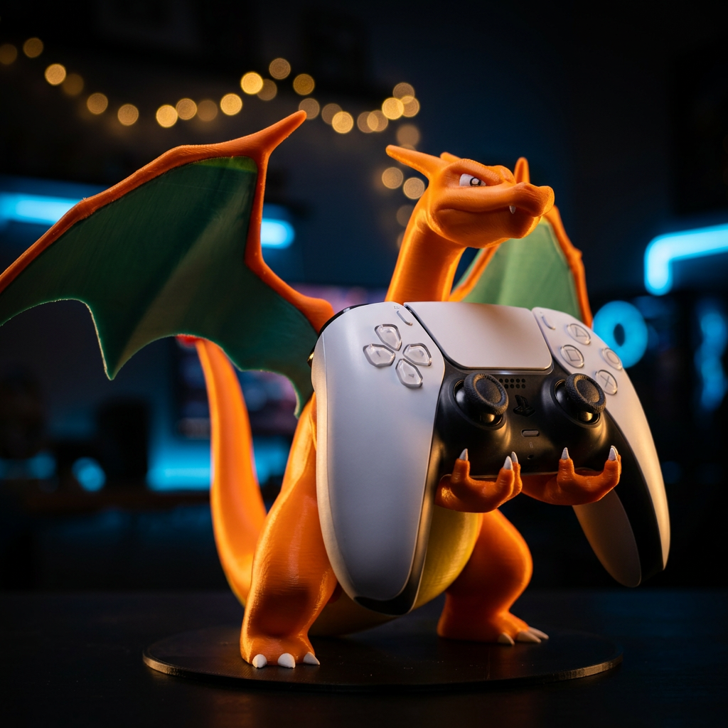 3D-printed Charizard figure in a PS5 controller holder pose, gripping a white DualSense controller in its claws, set against a dark background with blue neon lights and warm string lights.