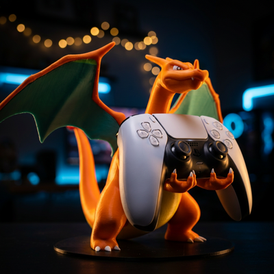 3D-printed Charizard figure in a PS5 controller holder pose, gripping a white DualSense controller in its claws, set against a dark background with blue neon lights and warm string lights.