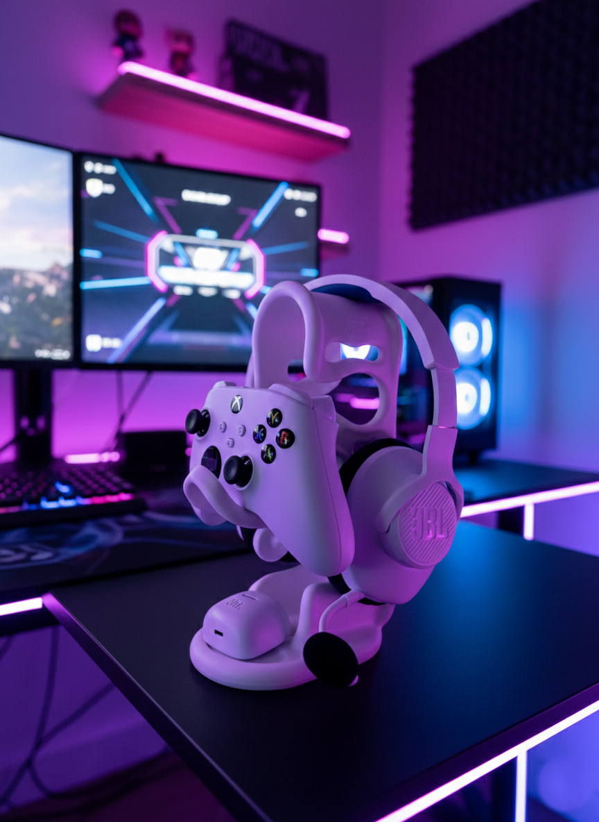 3-in-1 Universal Gaming Station - All-in-One Stand for Xbox/PS5 Controller, Over-Ear Headphones & Earbuds - Ergonomic Desktop Organizer for Pro Gamers