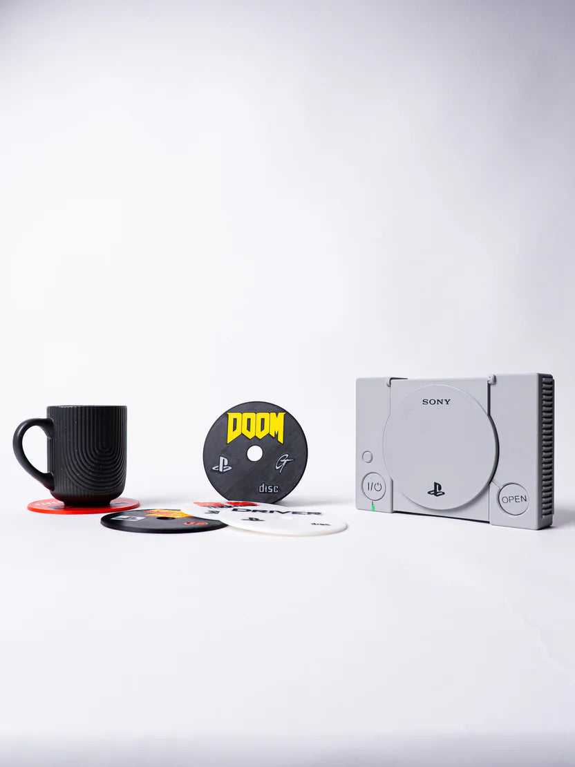 PlayStation 1 Coaster Set: 12 Retro PS1 Game Discs & Console Case
