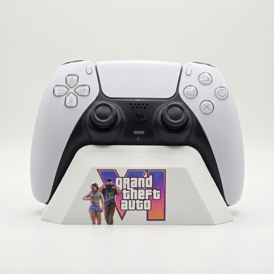 White GTA 6 themed 3D-printed PS5 DualSense controller holder with controller on a light studio background