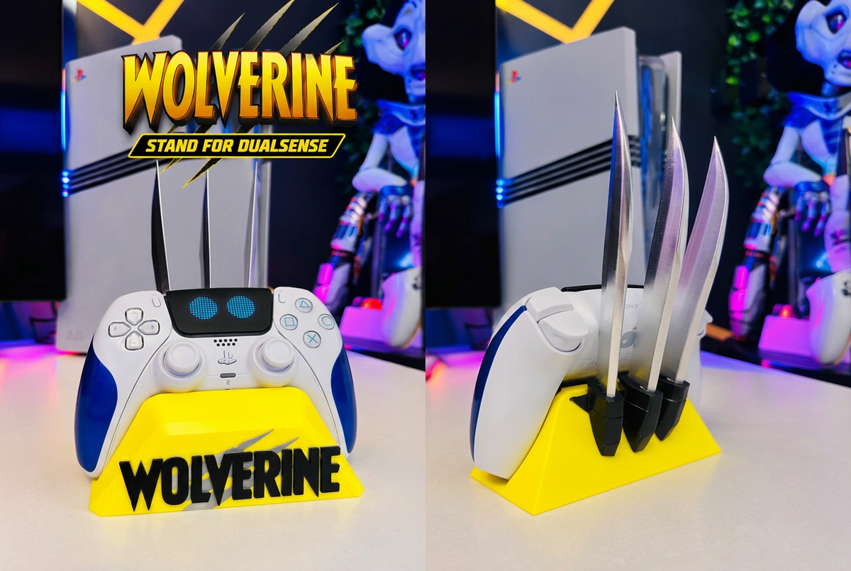 Two-panel image showing front and side views of the Wolverine DualSense holder with a white and blue controller.