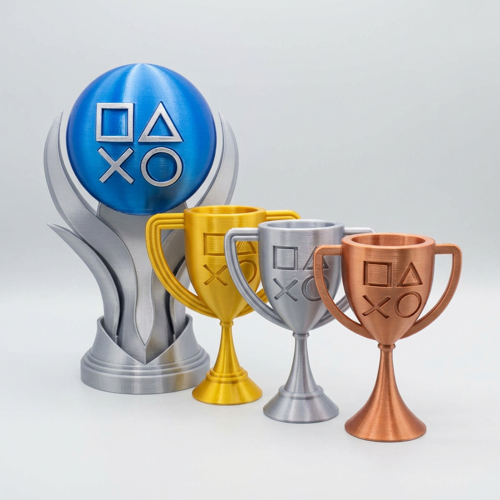 PlayStation-style 3D printed trophy collection in platinum, gold, silver and bronze on a light gray background