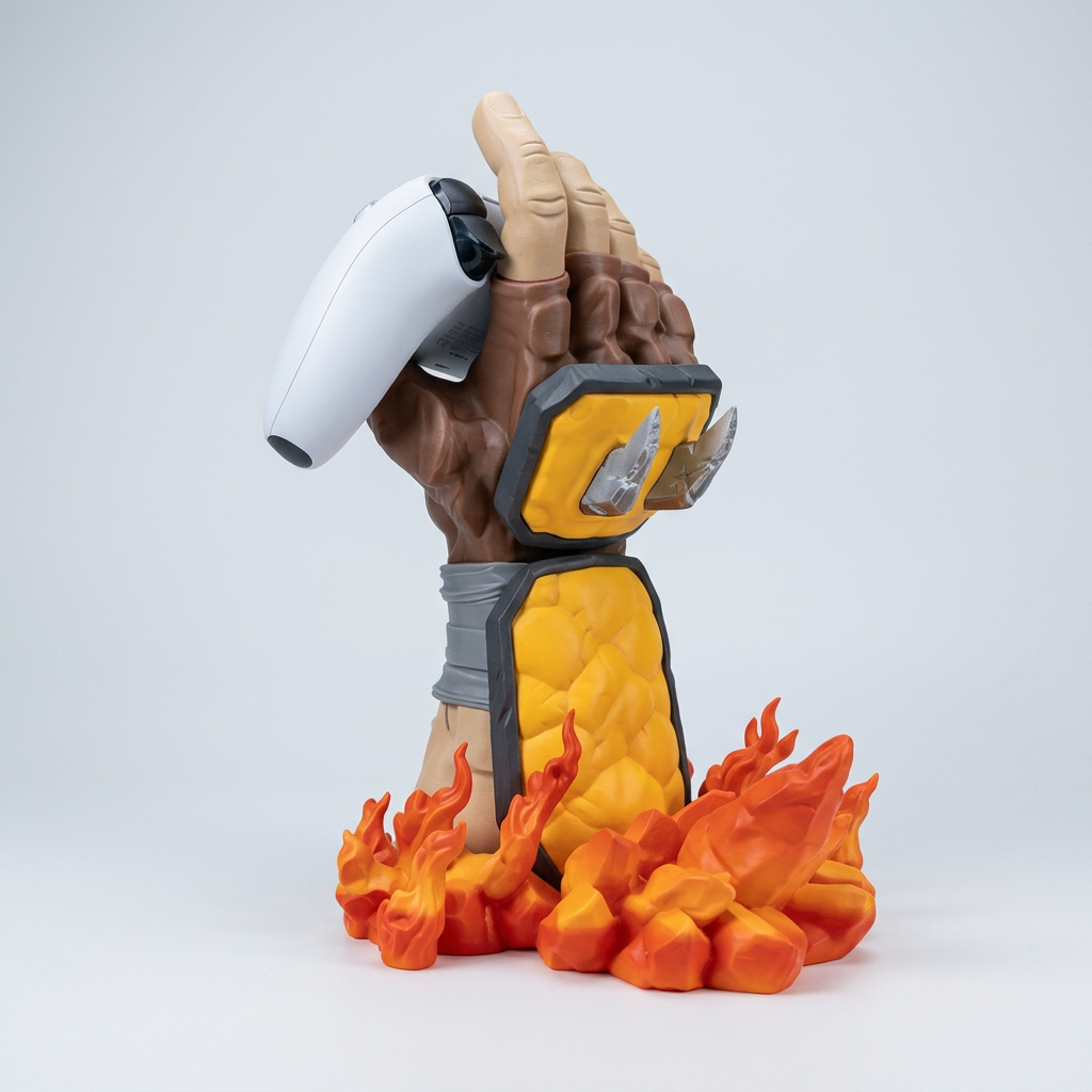 Scorpion-inspired controller holder with yellow armour and orange flame base holding a white PS5 DualSense controller