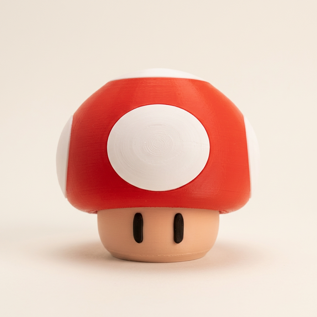 Red and white 3D-printed mushroom LED night light with beige base on an off-white background