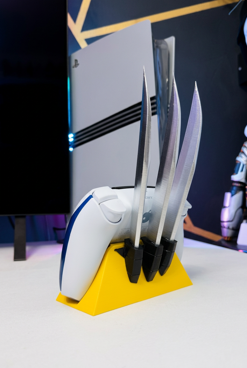 Side view of the Wolverine DualSense stand showing three silver-coloured claws behind a white and blue controller.