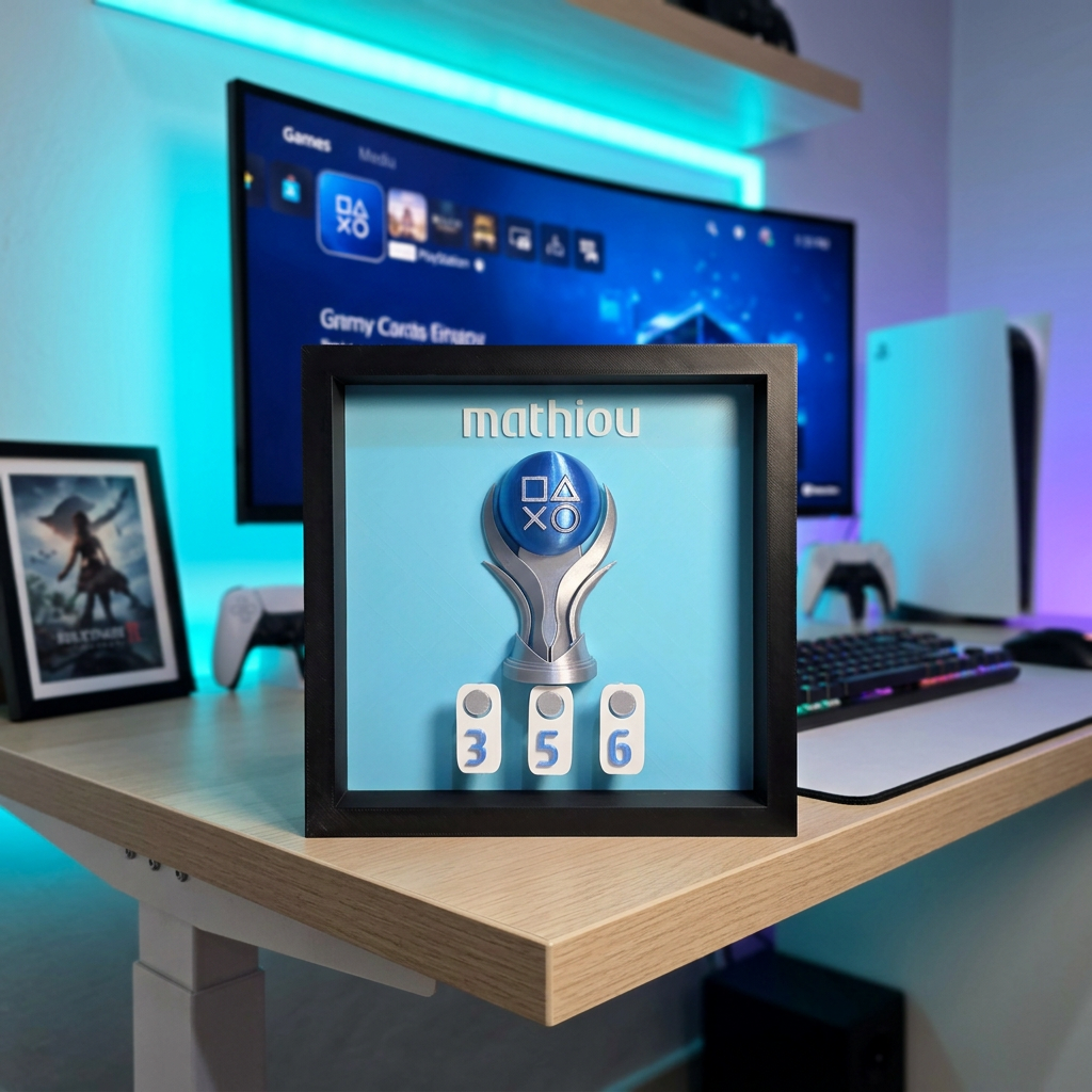 Personalized PlayStation Platinum trophy counter displayed on a gaming desk