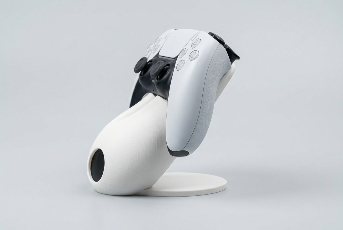 Side view of Hornet controller stand supporting DualSense, studio visualization